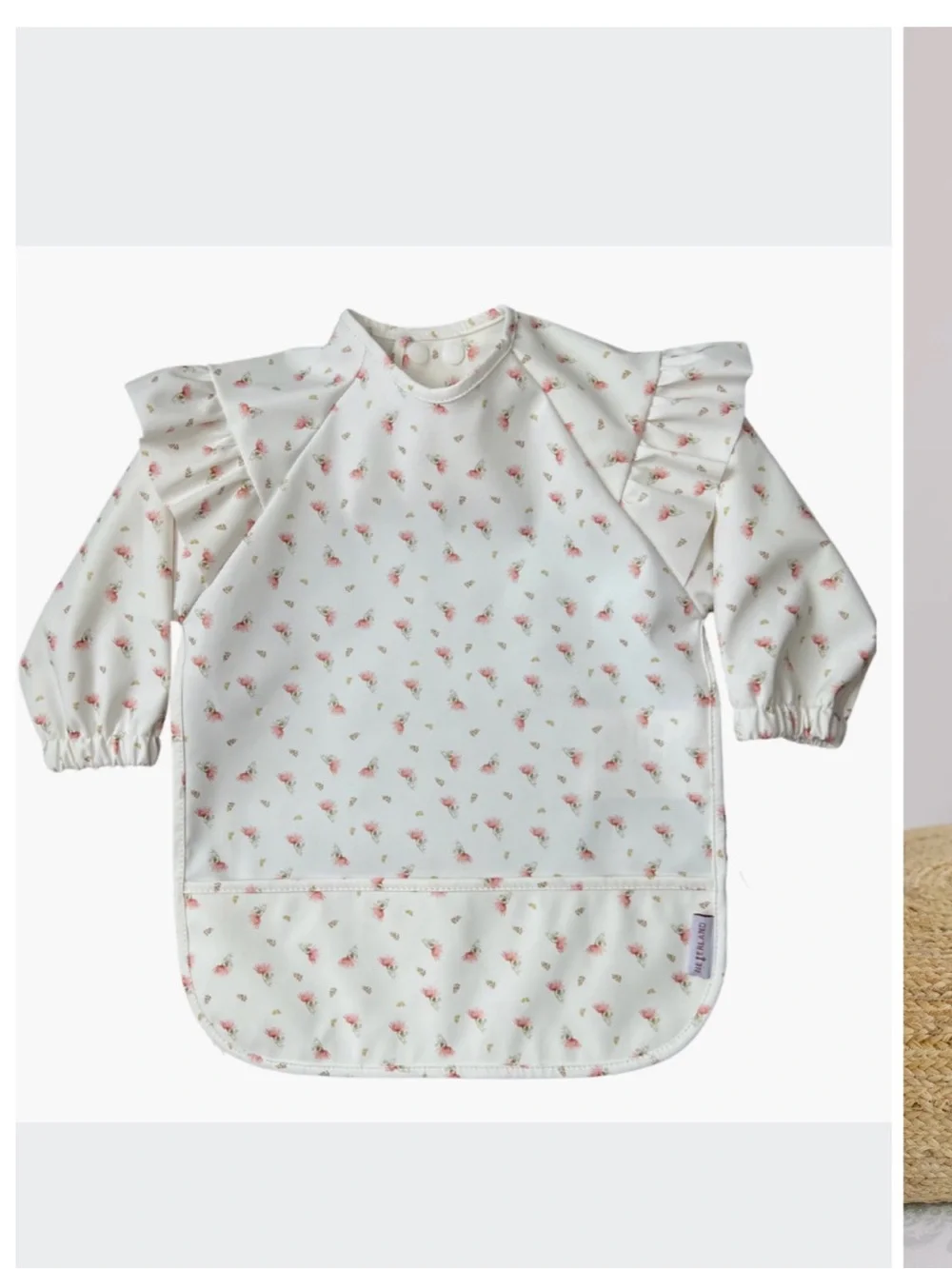 Kids Long-Sleeve Floral Bib Smock - White with Pink Flowers neferland